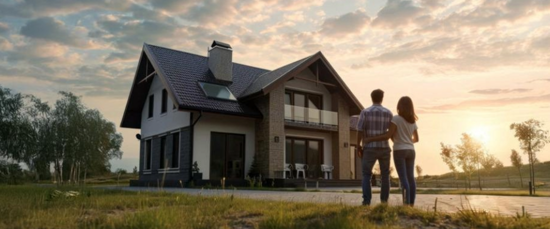 Rural home with homeowners standing in the driveway